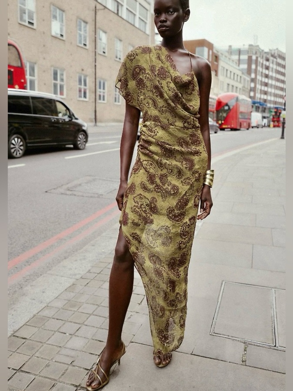 Zara One-Shoulder Draped Neckline Asymmetrical Paisley Dress Olive Burgundy